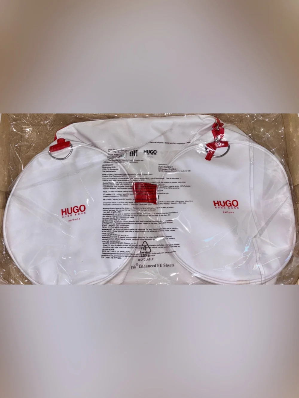 NWT Hugo Boss White Leatherette Canvas Duffel with Red Straps